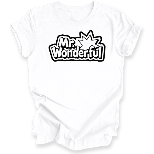 A white short-sleeve crewneck t-shirt with a black graphic print on the chest reading 'Mr. Wonderful' in a comic-style speech-bubble font with a starburst shape.