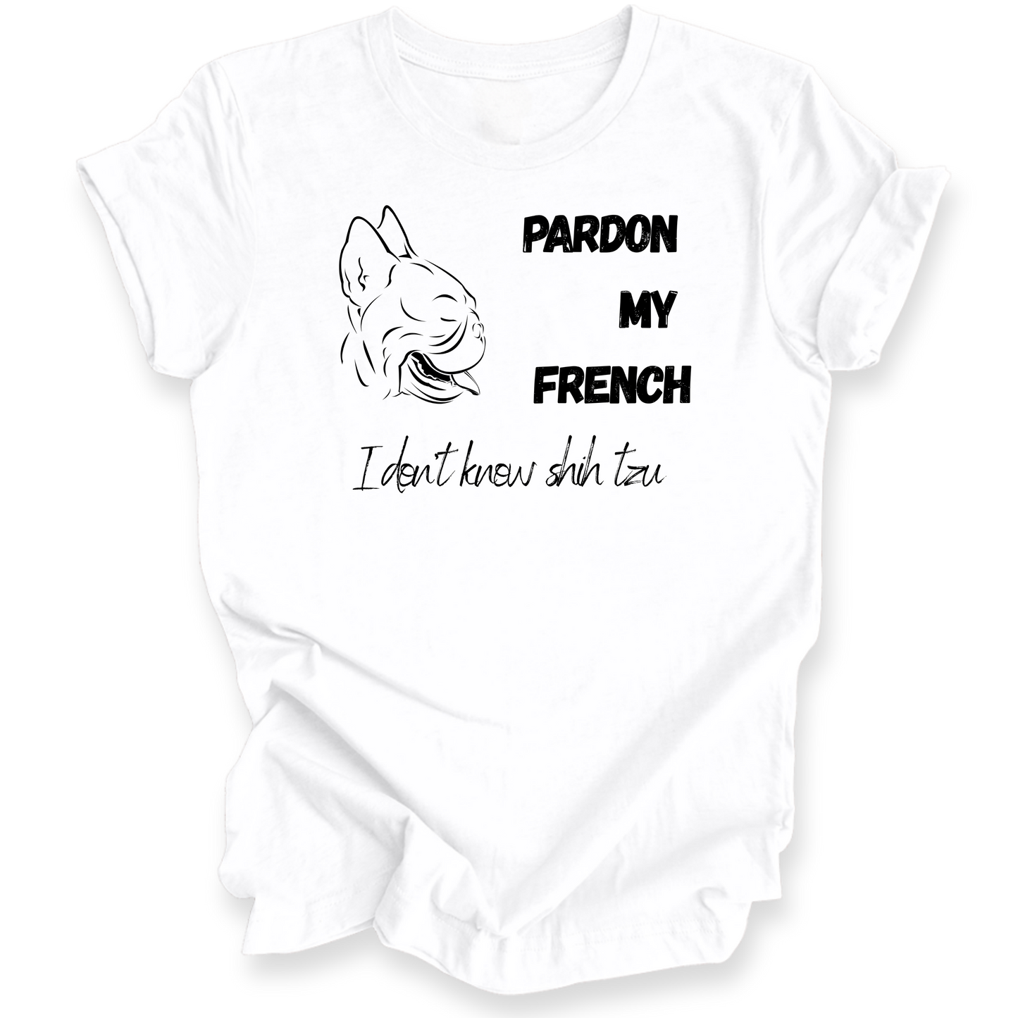 White t-shirt with a graphic of a dog and text on a white background