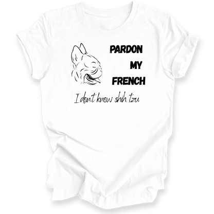 White t-shirt with a graphic of a dog and text on a white background