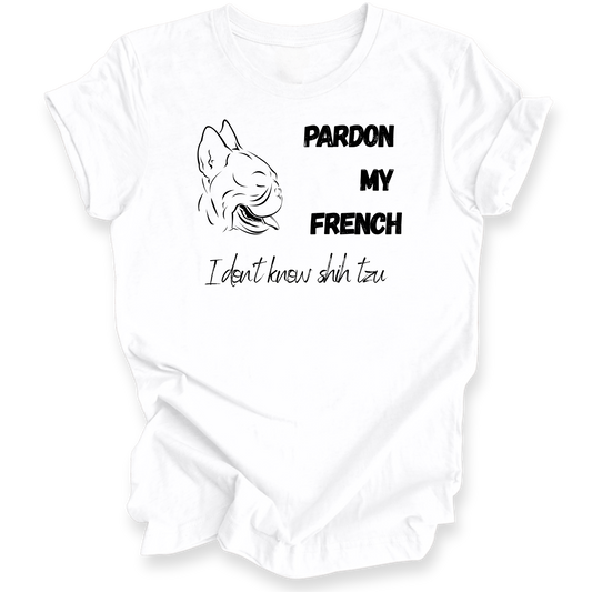 White t-shirt with a graphic of a dog and text on a white background