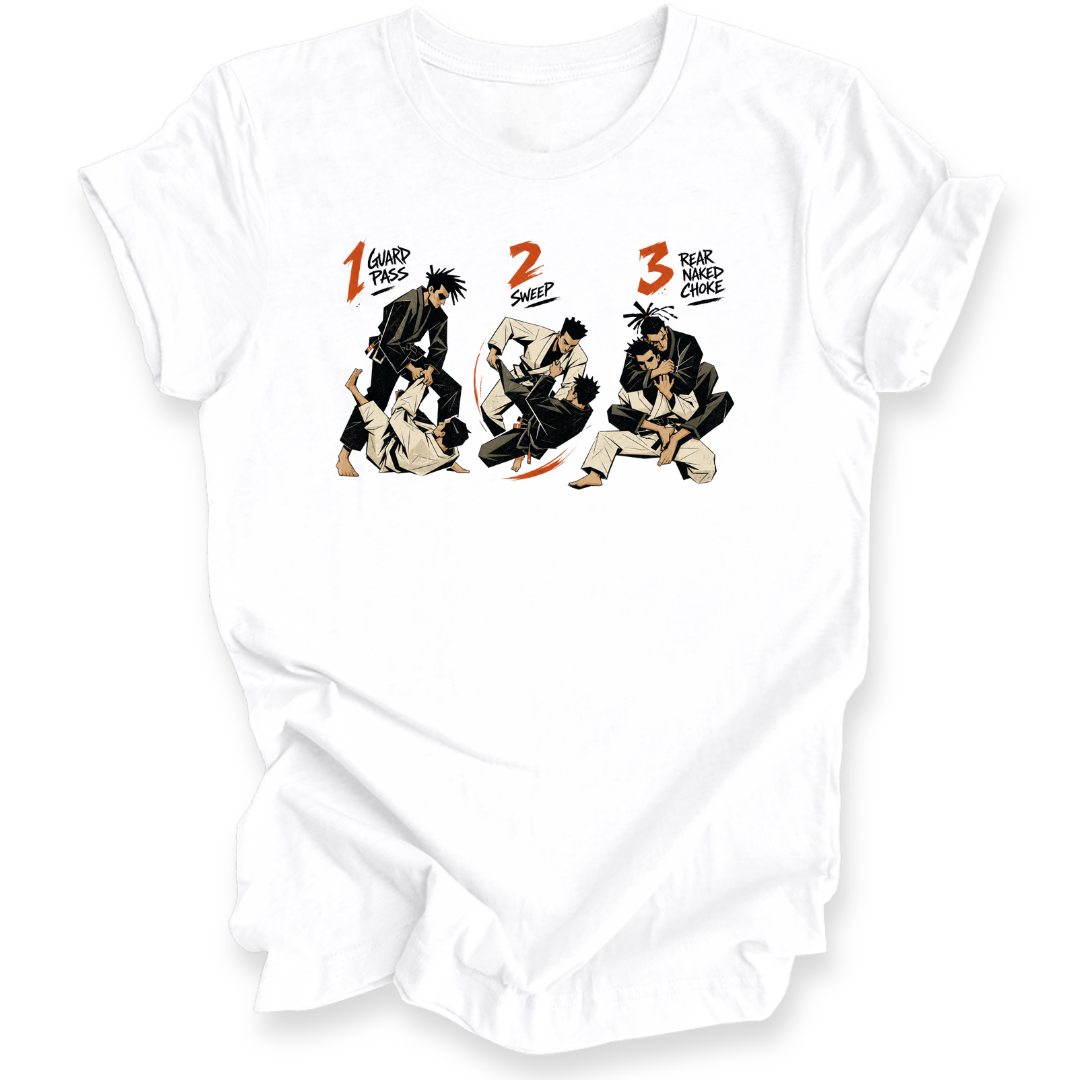 A white short-sleeve crewneck t-shirt featuring a graphic print of three martial arts figures in a sequence, labeled '1 Guard Pass', '2 SWEEP', and '3 REAR NAKED CHOKE' in orange and black text.