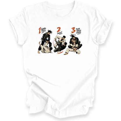 A white short-sleeve crewneck t-shirt featuring a graphic print of three martial arts figures in a sequence, labeled '1 Guard Pass', '2 SWEEP', and '3 REAR NAKED CHOKE' in orange and black text.