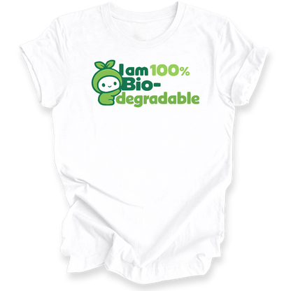 A white short-sleeve crewneck t-shirt with a green graphic on the chest that reads 'I am 100% Bio-degradable' next to a cute cartoon apple character, shown against a plain white background.