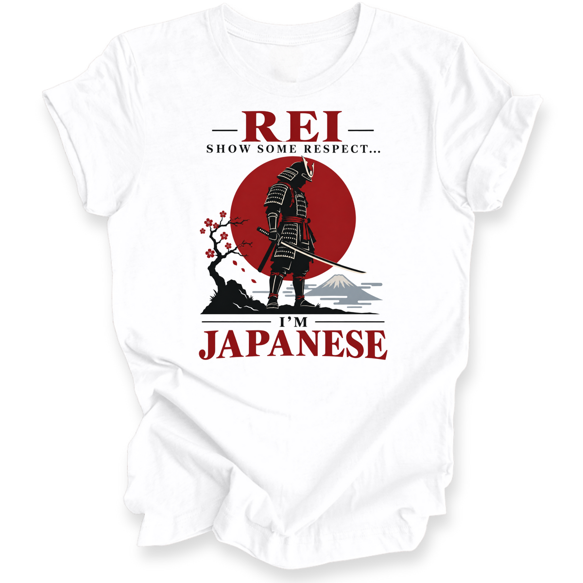 A white short-sleeve t-shirt with a graphic print featuring a samurai silhouette, a red sun, and the text 'REI SHOW SOME RESPECT.