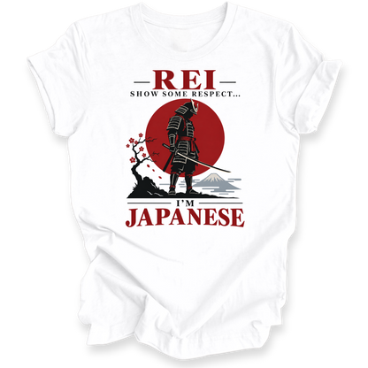 A white short-sleeve t-shirt with a graphic print featuring a samurai silhouette, a red sun, and the text 'REI SHOW SOME RESPECT.