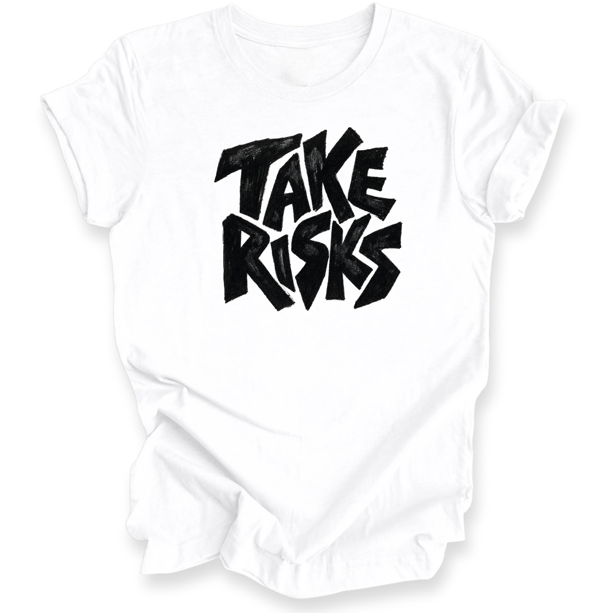 A white short-sleeve crewneck t-shirt with a bold black graphic text print reading 'TAKE RISKS' in a stylized, graffiti-like font on the chest, displayed against a clean white background.