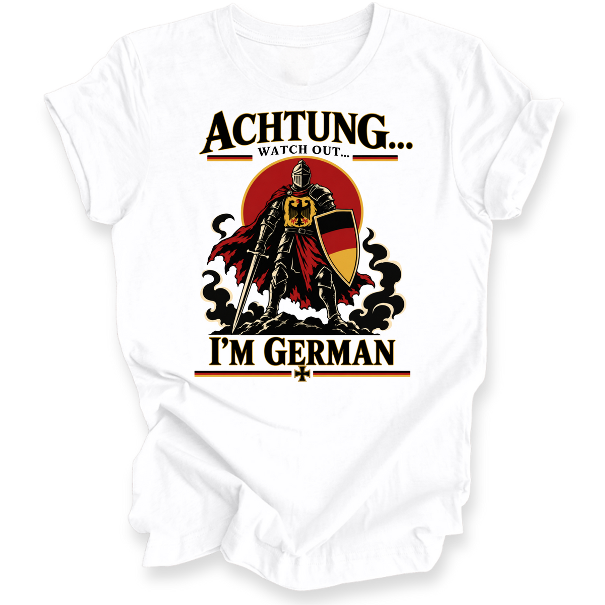 A white short-sleeve crewneck t-shirt with a graphic print featuring a knight in armor holding a German flag shield, with the text 'ACHTUNG.