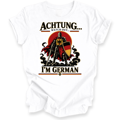 A white short-sleeve crewneck t-shirt with a graphic print featuring a knight in armor holding a German flag shield, with the text 'ACHTUNG.