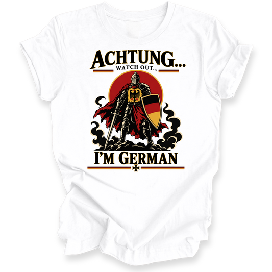 A white short-sleeve crewneck t-shirt with a graphic print featuring a knight in armor holding a German flag shield, with the text 'ACHTUNG.