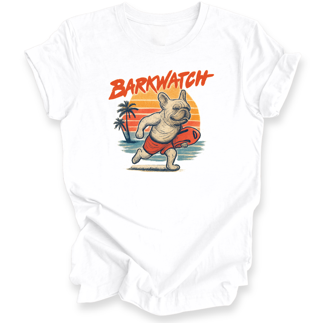 White t-shirt with a graphic of a dog holding a surfboard and 'Barkwatch' text on a white background