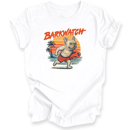 White t-shirt with a graphic of a dog holding a surfboard and 'Barkwatch' text on a white background