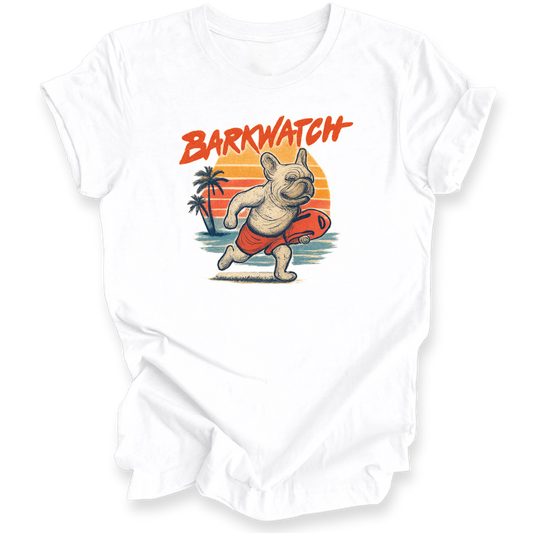 White t-shirt with a graphic of a dog holding a surfboard and 'Barkwatch' text on a white background