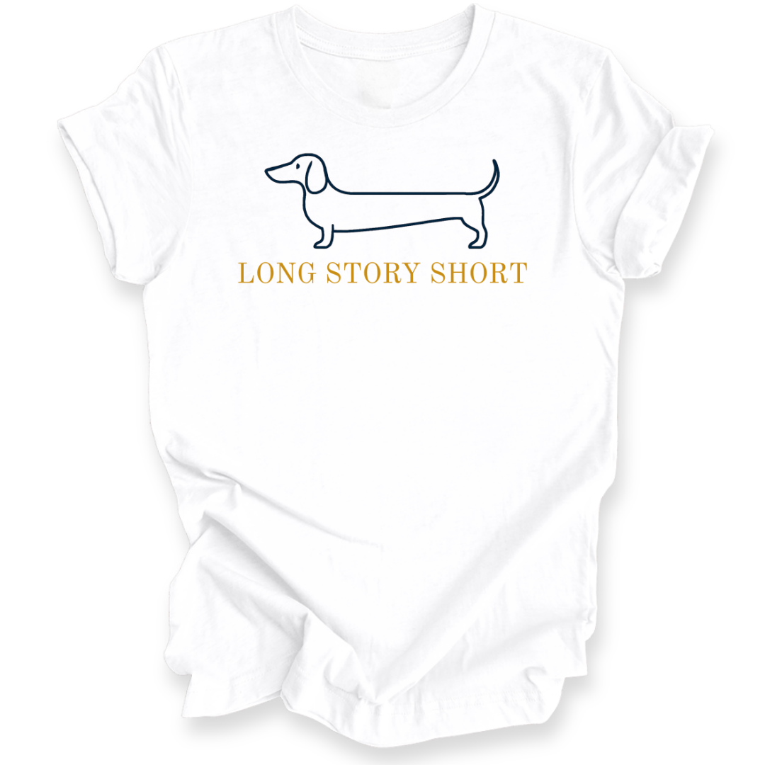 White baby romper with dachshund graphic and 'Long Story Short' text on a white background
