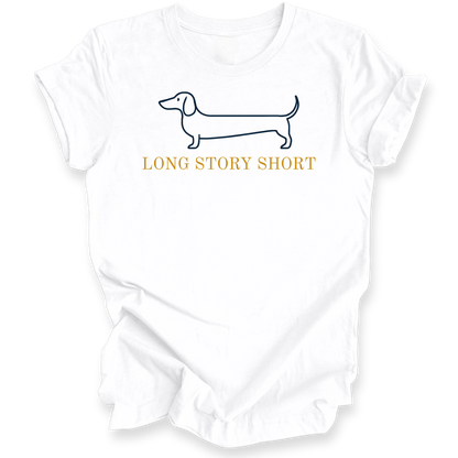 White baby romper with dachshund graphic and 'Long Story Short' text on a white background