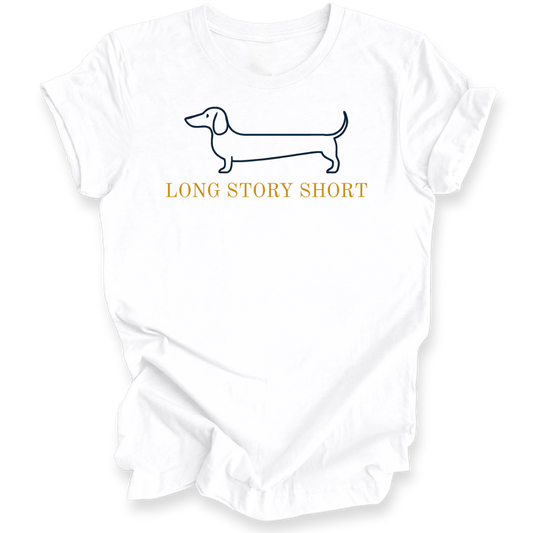 White baby romper with dachshund graphic and 'Long Story Short' text on a white background