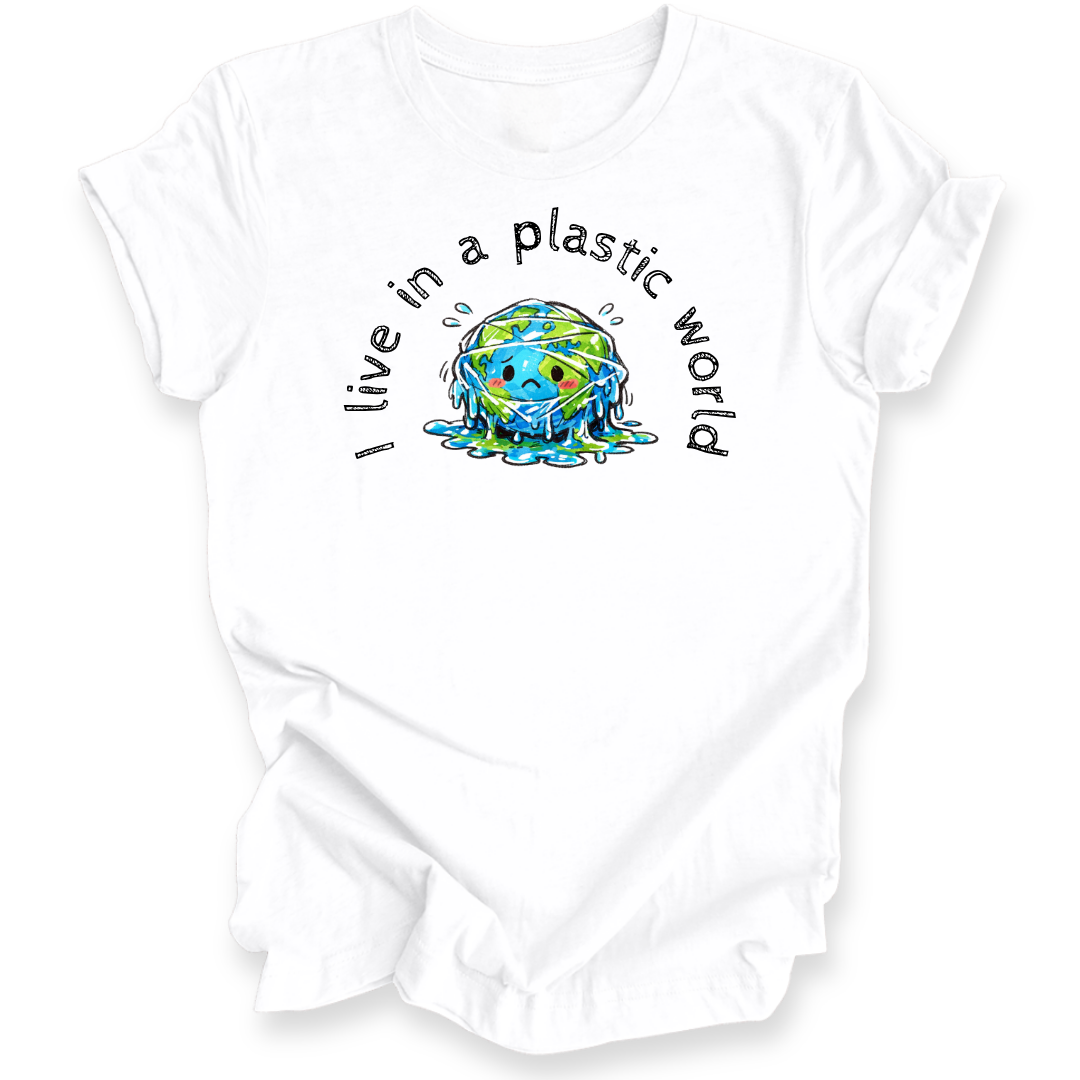 A white short-sleeve t-shirt with a graphic on the front showing a melting blue and green Earth with the text 'I live in a plastic world' arched above and below it, displayed on a clean white background.