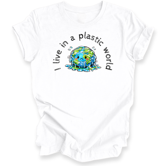 A white short-sleeve t-shirt with a graphic on the front showing a melting blue and green Earth with the text 'I live in a plastic world' arched above and below it, displayed on a clean white background.