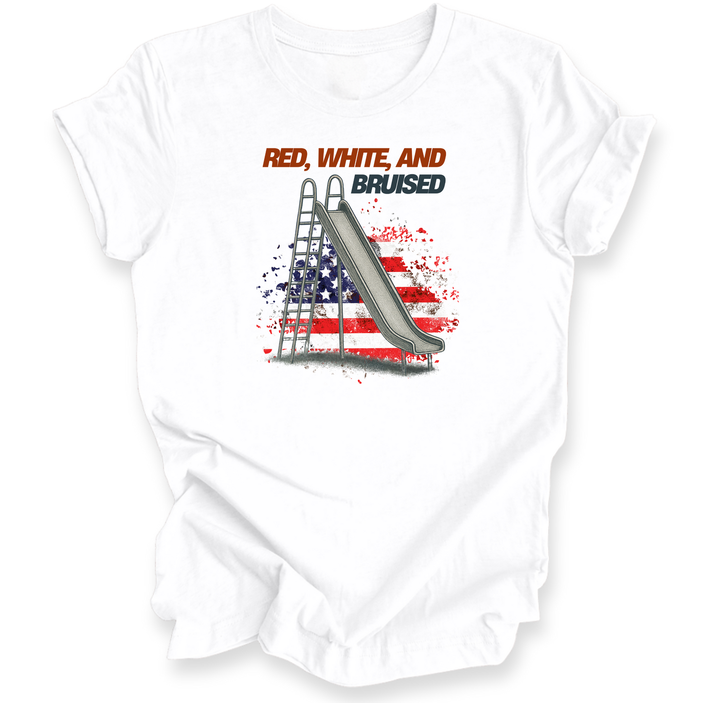 White shirt with a graphic design of a slide and American flag colors on a white background