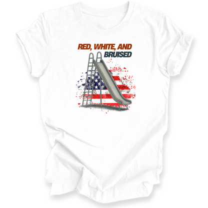 White shirt with a graphic design of a slide and American flag colors on a white background