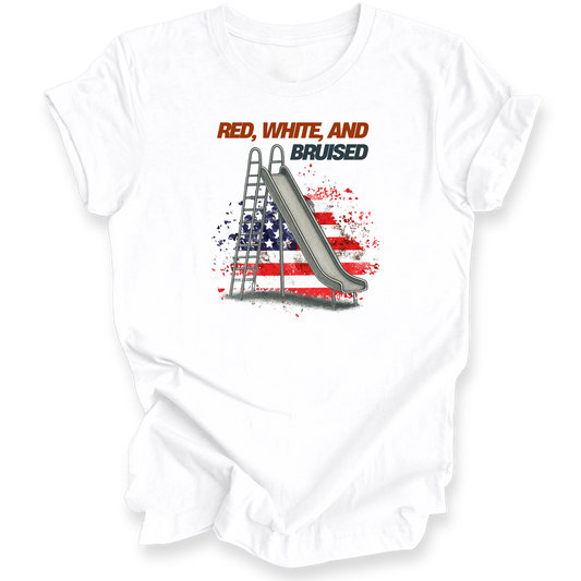 White shirt with a graphic design of a slide and American flag colors on a white background