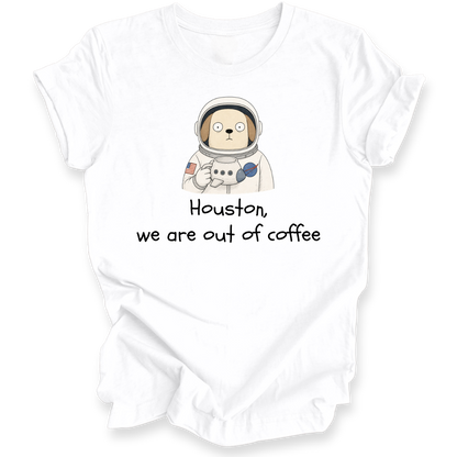 A white short-sleeve t-shirt with a graphic of a cartoon dog astronaut and the text 'Houston, we are out of coffee' printed on the front, displayed on a clean white background.