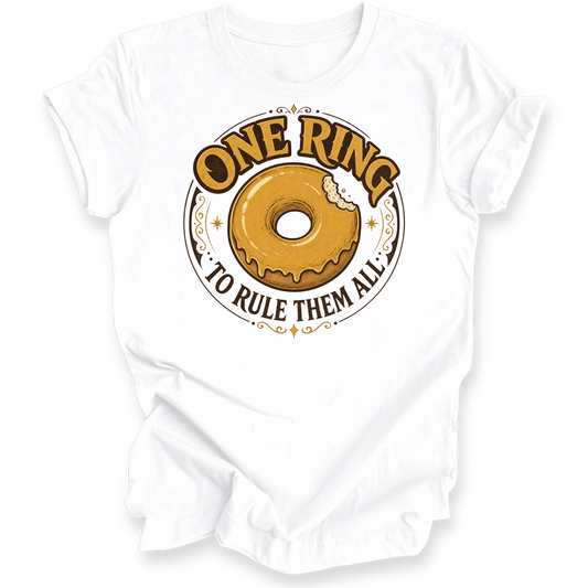 A white short-sleeve crewneck t-shirt with a graphic print of a glazed donut and the text 'ONE RING TO RULE THEM ALL' in brown and gold tones.