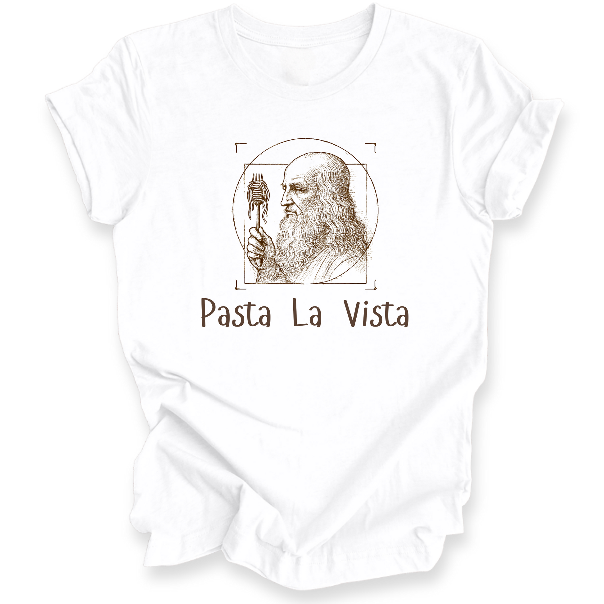 White t-shirt with a graphic of a bearded man holding a fork and knife, with 'Pasta La Vista' text on a white background.