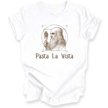 White t-shirt with a graphic of a bearded man holding a fork and knife, with 'Pasta La Vista' text on a white background.
