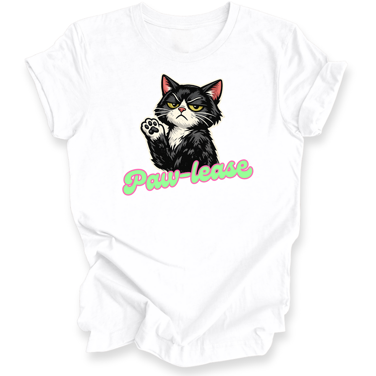 A white short-sleeve crewneck t-shirt featuring a graphic of a black and white cat with its paw raised, above the text 'Paw-leave' in pink and green cursive script.