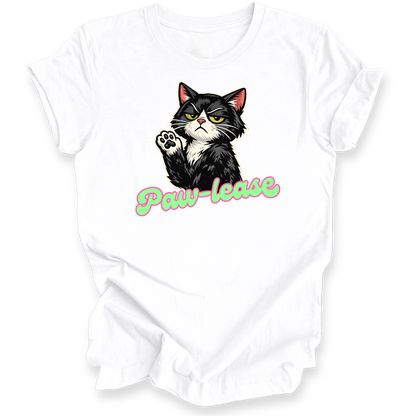 A white short-sleeve crewneck t-shirt featuring a graphic of a black and white cat with its paw raised, above the text 'Paw-leave' in pink and green cursive script.