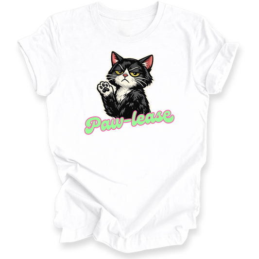 A white short-sleeve crewneck t-shirt featuring a graphic of a black and white cat with its paw raised, above the text 'Paw-leave' in pink and green cursive script.