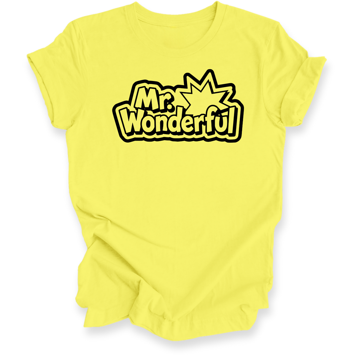 A bright yellow short-sleeve t-shirt with a black and yellow 'Mr. Wonderful' comic-style graphic printed on the chest, displayed against a solid white background.