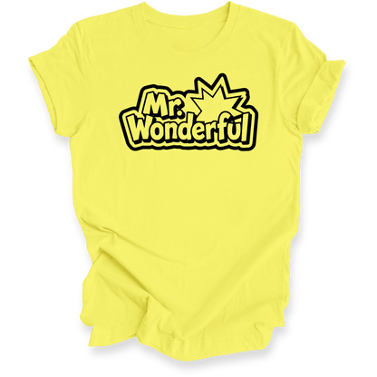 A bright yellow short-sleeve t-shirt with a black and yellow 'Mr. Wonderful' comic-style graphic printed on the chest, displayed against a solid white background.